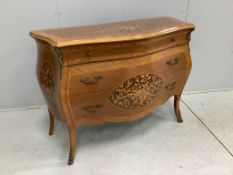 A reproduction marquetry inlaid bombe commode, width 118cm, depth 48cm, height 88cm. Condition -