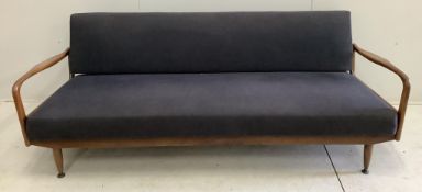 A mid century Greaves and Thomas teak sofa bed, width 200cm, depth 79cm, height 72cm. Condition -