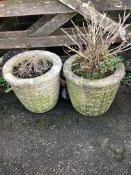 Three reconstituted stone garden planters, largest height 54cm and a reconstituted stone sundial,