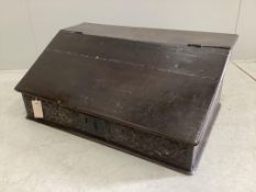 An 18th century oak bible box, width 73cm, depth 47cm, height 30cm. Condition - poor to fair