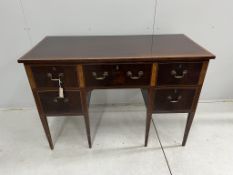 A George III style satinwood banded mahogany sideboard, width 127cm, depth 59cm, height 87cm.