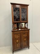 A late Victorian marquetry inlaid rosewood standing corner cupboard, width 82cm, depth 44cm,