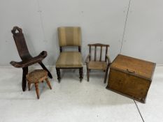 Two 19th century child's chairs, two stools and an oak box. Condition - poor to fair