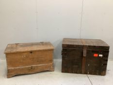 A Victorian iron bound oak silver chest, width 96cm, depth 61cm, height 68cm together with a smaller