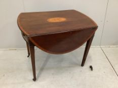 A George III crossbanded and paterae inlaid mahogany Pembroke table, width 83cm, depth 55cm,