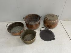Two 19th century copper cauldrons, two preserve pans and a cast iron plate. Condition - fair