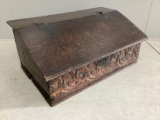 An early 18th century oak bible box, width 74cm, depth 46cm, height 30cm. Condition - poor to fair