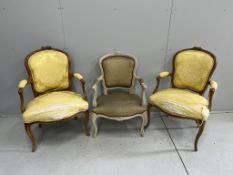A pair of Louis XVI style walnut elbow chairs, height 94cm together with a similar painted elbow
