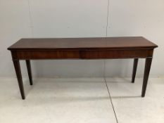 A George III mahogany two drawer serving table, width 184cm, depth 50cm, height 77cm. Condition -