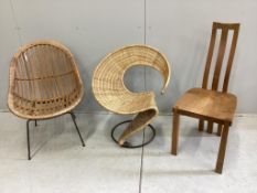 Two 1960's cane chairs and an oak chair. Condition - fair