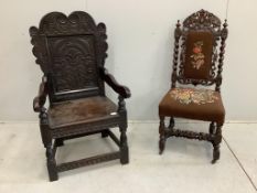 A 17th century style oak wainscot chair, width 61cm, depth 50cm, height 110cm, together with a