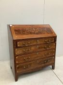 A George III later inlaid mahogany bureau, width 96cm, depth 54cm, height 106cm. Condition - fair