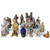 A group of german porcelain figures to include Sitzendorf, together with a Limoges pill box in the f