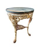 A Victorian painted cast iron Britannia pub table with green marble top, diameter 60cm, height 77cm