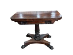 A William IV rosewood folding card table, width 90cm, depth 45cm, height 74cm