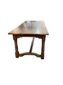 An 18th century style rectangular oak refectory dining table, width 214cm, depth 90cm, height 77cm t