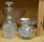 A collection of glassware to include a Waterford pedestal bowl, Georgian jug and a Victorian decante