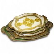 Five Venetian trays, three carved and painted wood examples, largest 57cm wide