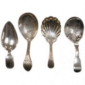 A George IV silver fiddle pattern caddy spoon, the bowl engraved with thistles, James Beebe, London,