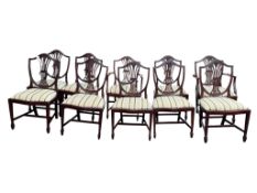 A set of ten reproduction Hepplewhite style mahogany dining chairs, two with arms