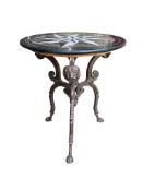 A circular specimen marble top occasional table on cast metal lion mask underframe, diameter 61cm, h