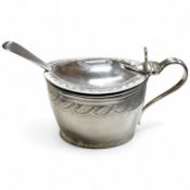 A George III engraved oval silver mustard pot, by James Mince, London, 1805, height 69mm, together w