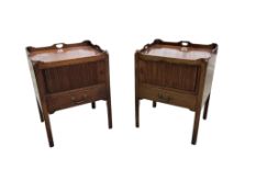 A pair of reproduction George III style tambour tray top bedside cupboards, width 56cm, depth 46cm,