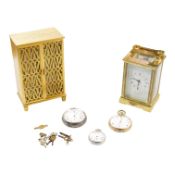 Two carriage clocks including a Jaeger LeCoultre(a.f), a 935 white metal fob watch, a gold plated