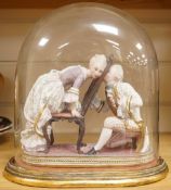 A 19th century biscuit porcelain study of a courting couple under glass dome, raised on gilt base,