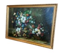 A large Dutch style, still life of roses, peony and fruit, oil on canvas, 196 x 142cm including