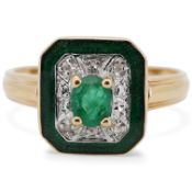A recent 14ct gold, emerald and diamond cluster ring, of octagonal form, with green enamel border,