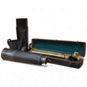 An early 20th century four draw brass telescope with leather grip, together with a brass table top