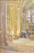 Early 20th century school, abbey interior with nuns, unsigned, Impressionist oil on board, 22 x