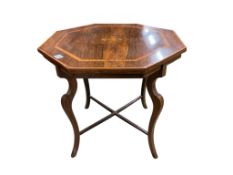 An Edwardian marquetry inlaid satinwood banded octagonal rosewood centre table, width 76cm, height