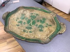 Five Venetian trays, three carved and painted wood examples, largest 57cm wide