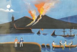 Neapolitan School, Vesuvius erupting, naive gouache, maple framed, 26 x 37cm