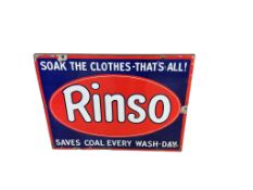 A rectangular 'Rinso' enamelled advertising sign and a cast iron sign 'Beware of Trains', larger