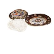 A Belleek porcelain basket, two Masons Ironstone dishes, a pair of Royal Crown Derby Japan pattern