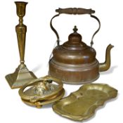 Four items of metalware comprising a candlestick, door knocker, tray and kettle, largest 26cm high