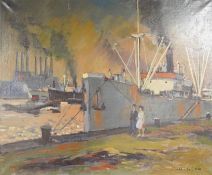 Mid century, harbour view with moored boats, indistinctly signed, oil on canvas, unframed, 63 x