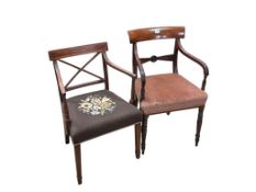 Two early 19th century mahogany elbow chairs, larger 54cm, depth 50cm, height 91cm