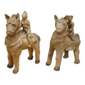 Two large Thai crackle glaze figures on horseback, 39cm high