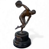 A bronze study of a classical discus thrower with silver mounted plaque to the base, 17cm high