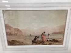 English School, 19th century, Figures entering a ferry boat, watercolour, 12 x 19cm
