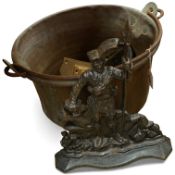 A collection of metalware to include a Victorian copper pan, a figural cast iron doorstop- 39cm