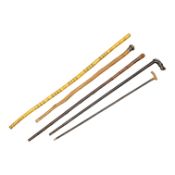 Five walking sticks including horn and a silver topped walking sticks and a carved topped walking