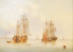 Victorian School, Naval frigates at sea, oil on canvas, gilt framed, 20 x 26cm