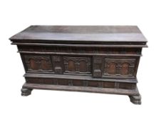 An Italian carved walnut cassone, width 138cm, depth 54cm, height 76cm