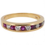A recent 18k yellow metal, six stone ruby and five stone diamond set half hoop ring, size N, gross