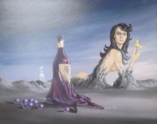 Bernard Page (1927-1988), 'Wine, Women & Song', signed, surreal oil on board, 39 x 49cm